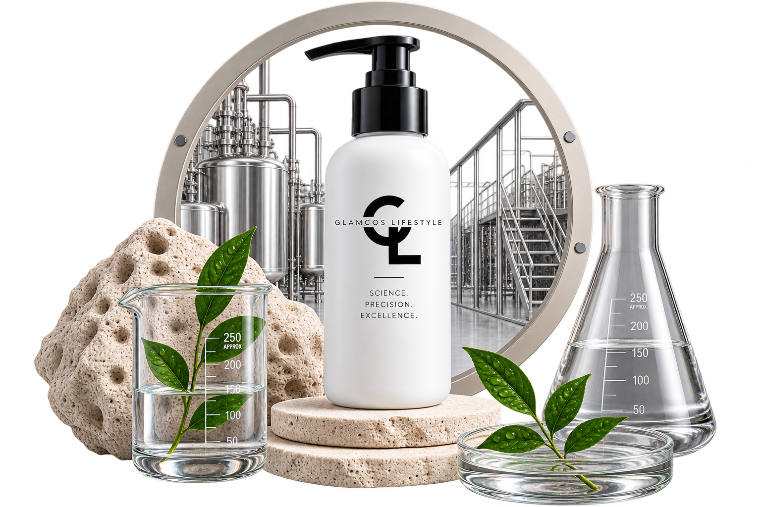 Premium Glamcos Labs cosmetic product and laboratory visual.