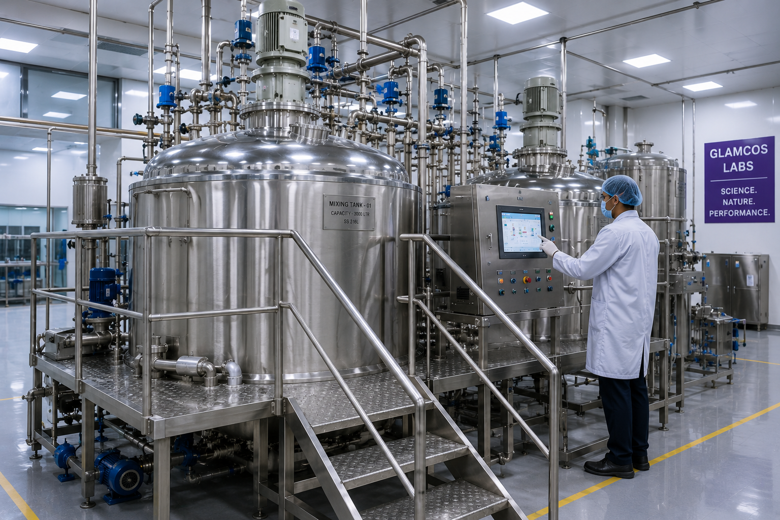 Glamcos Labs mixing and manufacturing equipment