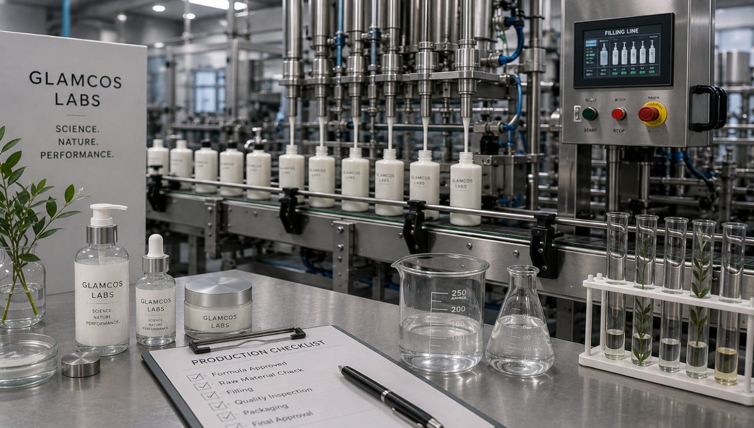 Glamcos Labs cosmetic bottling line