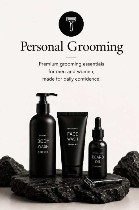 Personal Grooming category featuring body wash, face wash, beard oil and razor products.