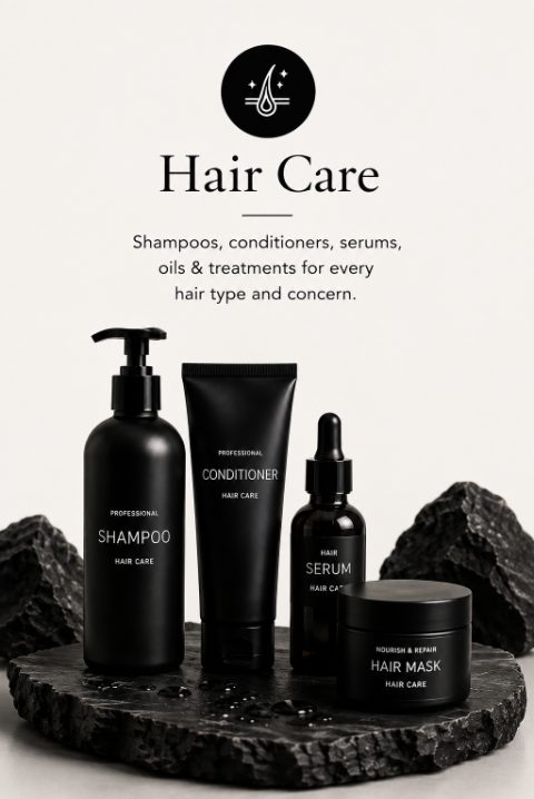 Hair Care category featuring shampoo, conditioner, serum and hair mask products.