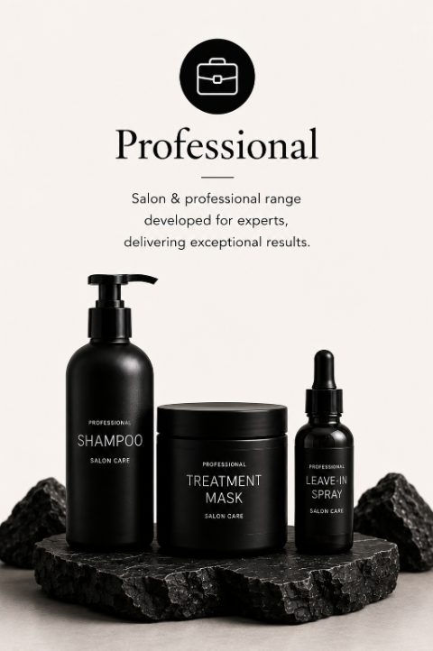 Professional category featuring salon shampoo, treatment mask and leave-in spray products.