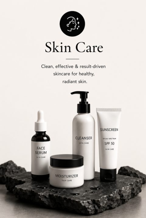 Skin Care category featuring cleanser, sunscreen, serum and moisturizer products.